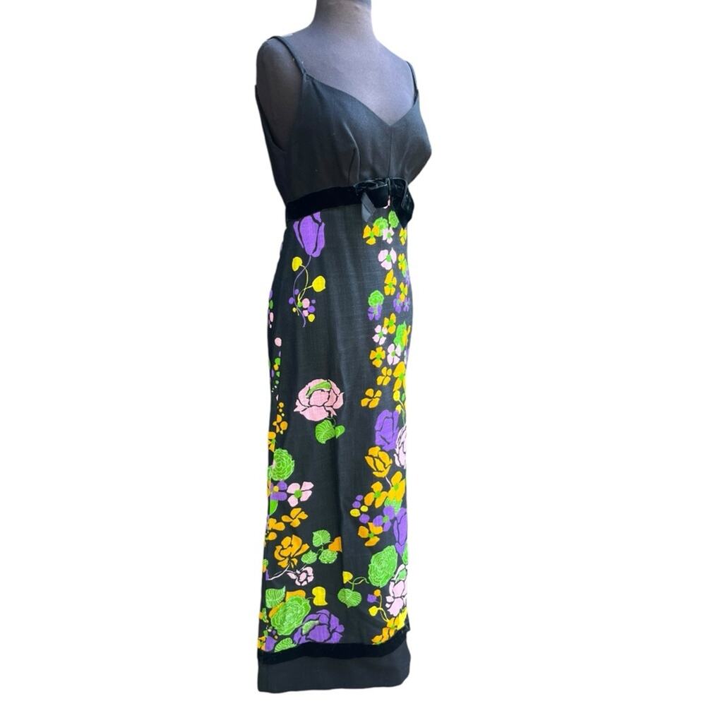 Vtg 70s Psychedleic Floral Velvet Trim Bow Boho Glam Maxi Dress S Retro Festival - Picture 3 of 11